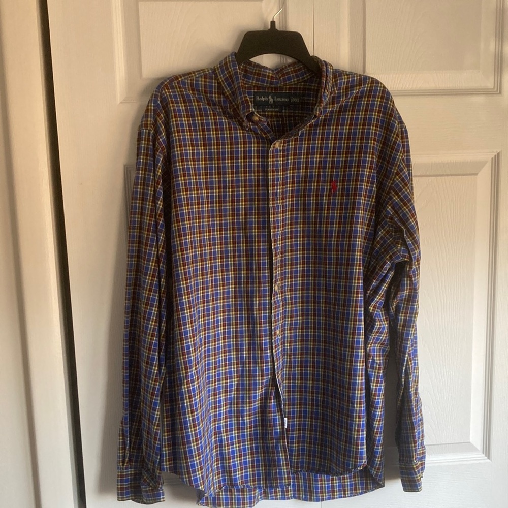 100% very soft cotton, Ralph Lauren, size XXL, purple and red plaid.